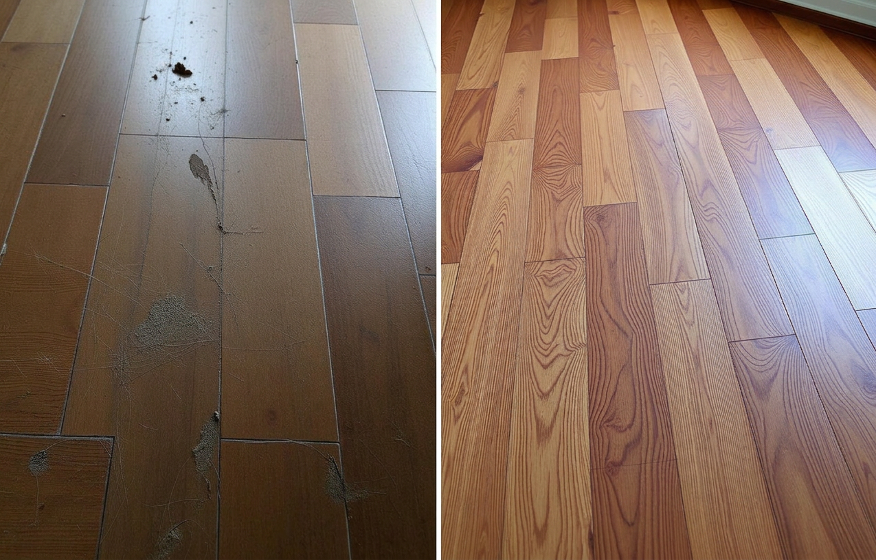 Antes e depois do lixamento de piso de madeira em Curitiba